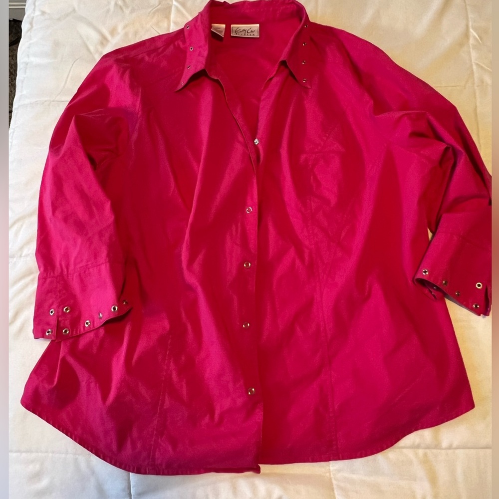 Kathy Che Stretch Pink Button Down Shirt with Silver Grommet/Embellishments